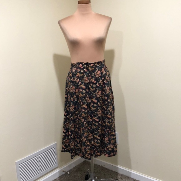 Vintage Midi Skirt Size Medium Dark Forest Green Flora Print High Waisted - Picture 2 of 8